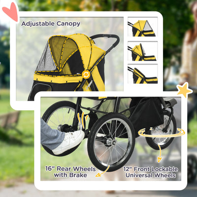 PawHut Foldable Pet Stroller Jogger, with Three Wheels, Canopy, for Medium and Small Dogs, Yellow 