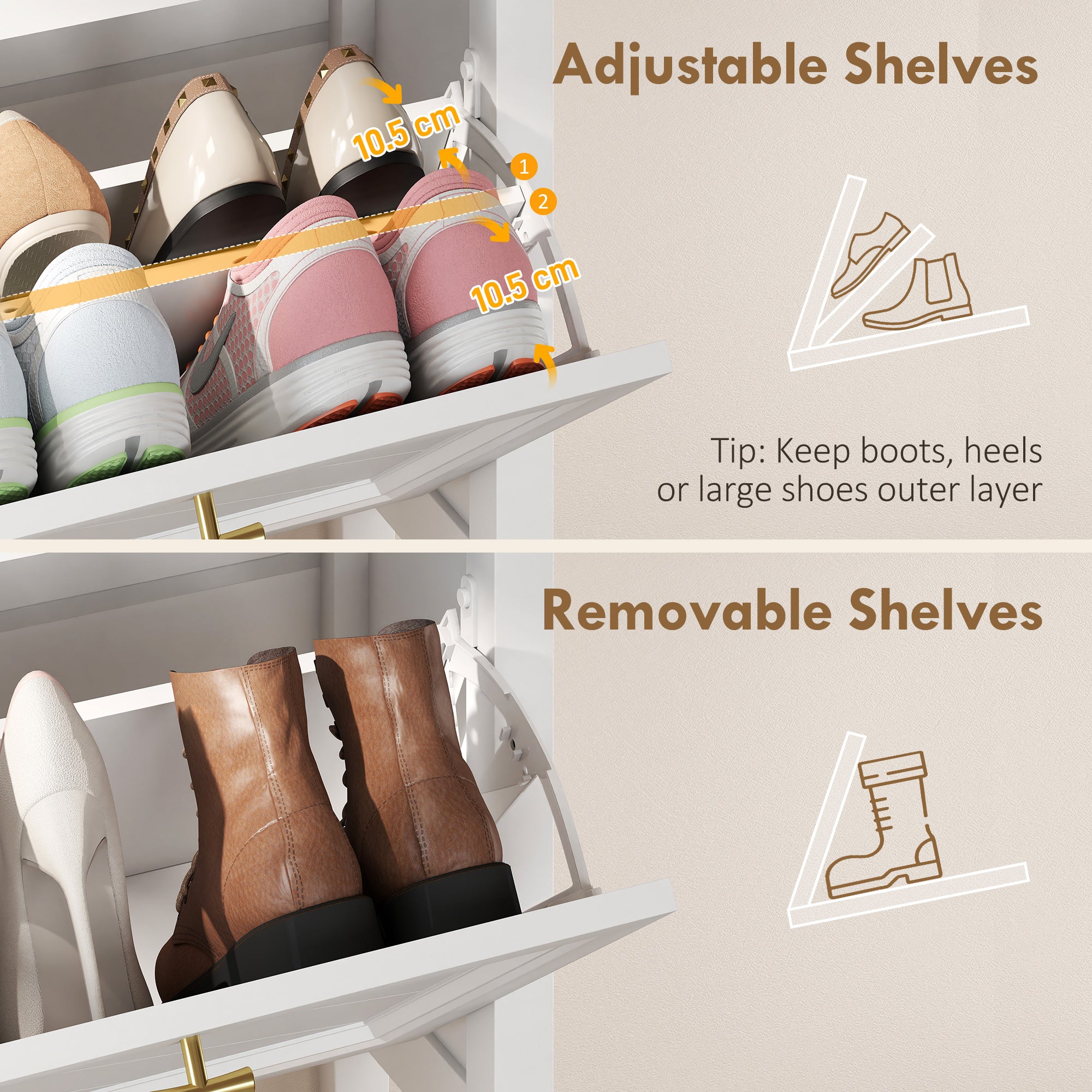HOMCOM Shoe Cabinet with 2 Flip Drawers, Farmhouse Narrow Shoe Storage Cabinet with Adjustable Shelves, White 