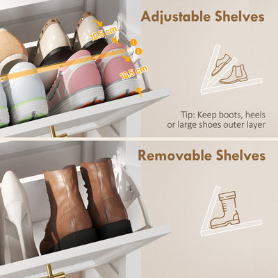 HOMCOM Shoe Cabinet with 2 Flip Drawers, Farmhouse Narrow Shoe Storage Cabinet with Adjustable Shelves, White 