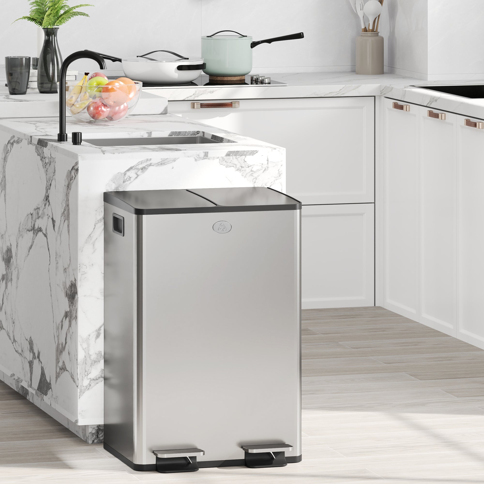 HOMCOM 56L Dual Compartment Stainless Steel Bin, with Deodoriser Holders - Silver Tone 