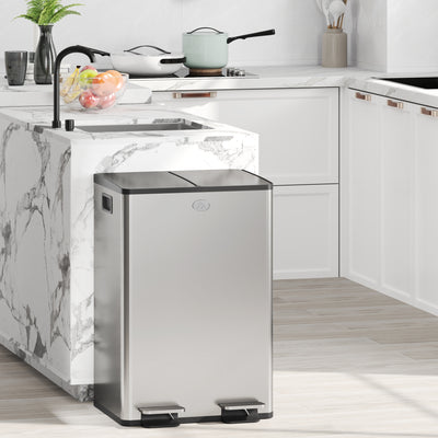 HOMCOM 56L Dual Compartment Stainless Steel Bin, with Deodoriser Holders - Silver Tone 