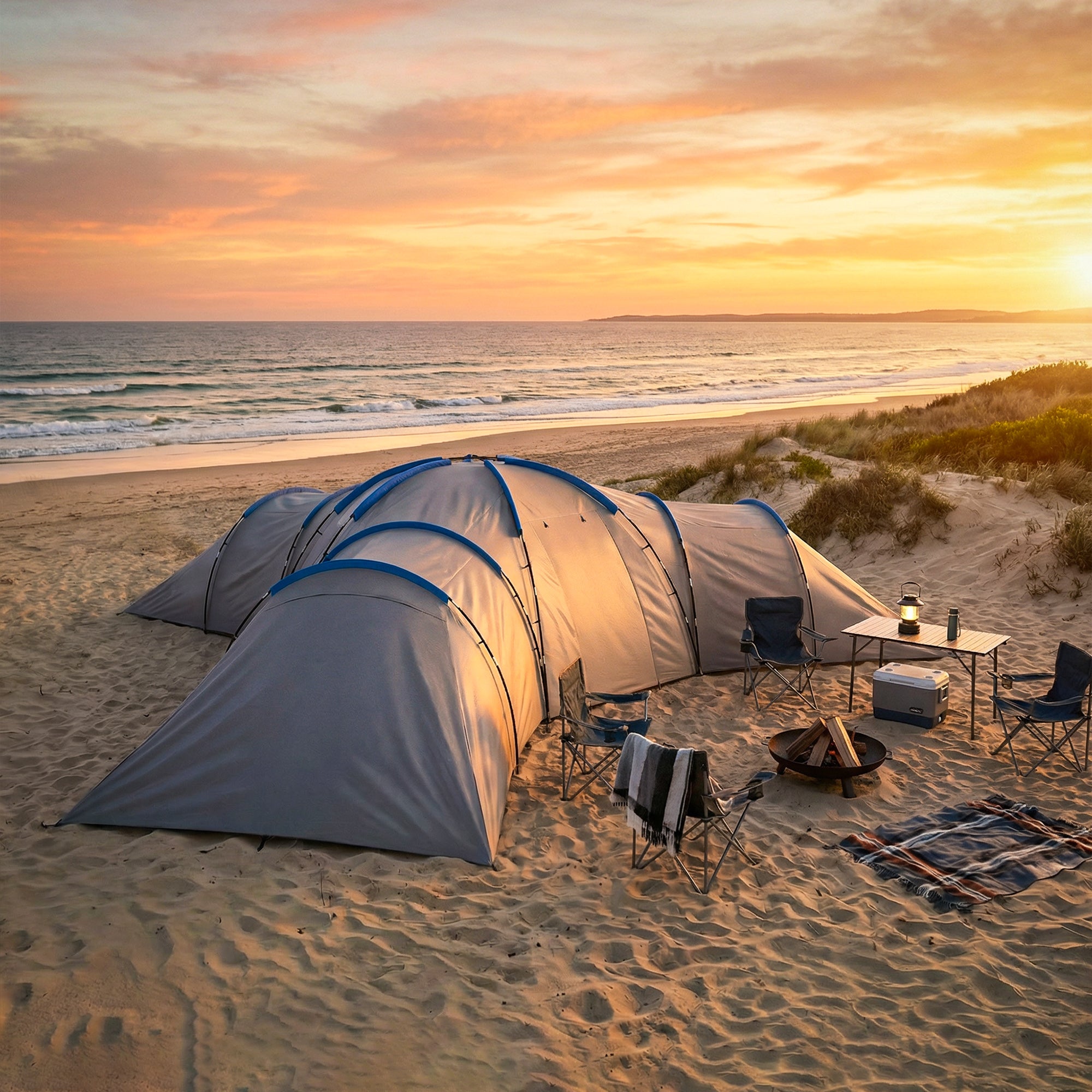 Outsunny 6-9 Man Large Tunnel Tent with 3 Bedrooms, Living Area and Porch, Stand-up Camping Tent, Portable with Bag, Light Grey 