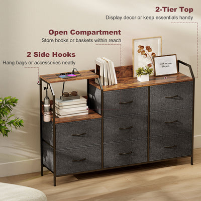 HOMCOM Chest of Eight Drawers, with Charging Station - Brown/Black 