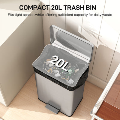 HOMCOM 20L Kitchen Bin with Soft-Close Lid and Stay-Open Function, Stainless Steel Pedal Bin with Removable Inner Bucket for Kitchen, Office, Home, Silver Tone 