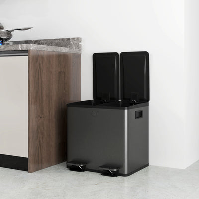HOMCOM 30L Dual Compartment Stainless Steel Bin, with Deodoriser Holders - Black 