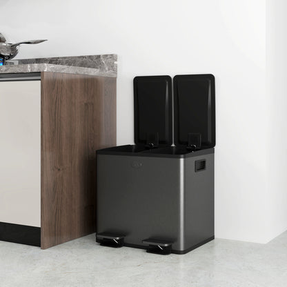 HOMCOM 30L Dual Compartment Stainless Steel Bin, with Deodoriser Holders - Black