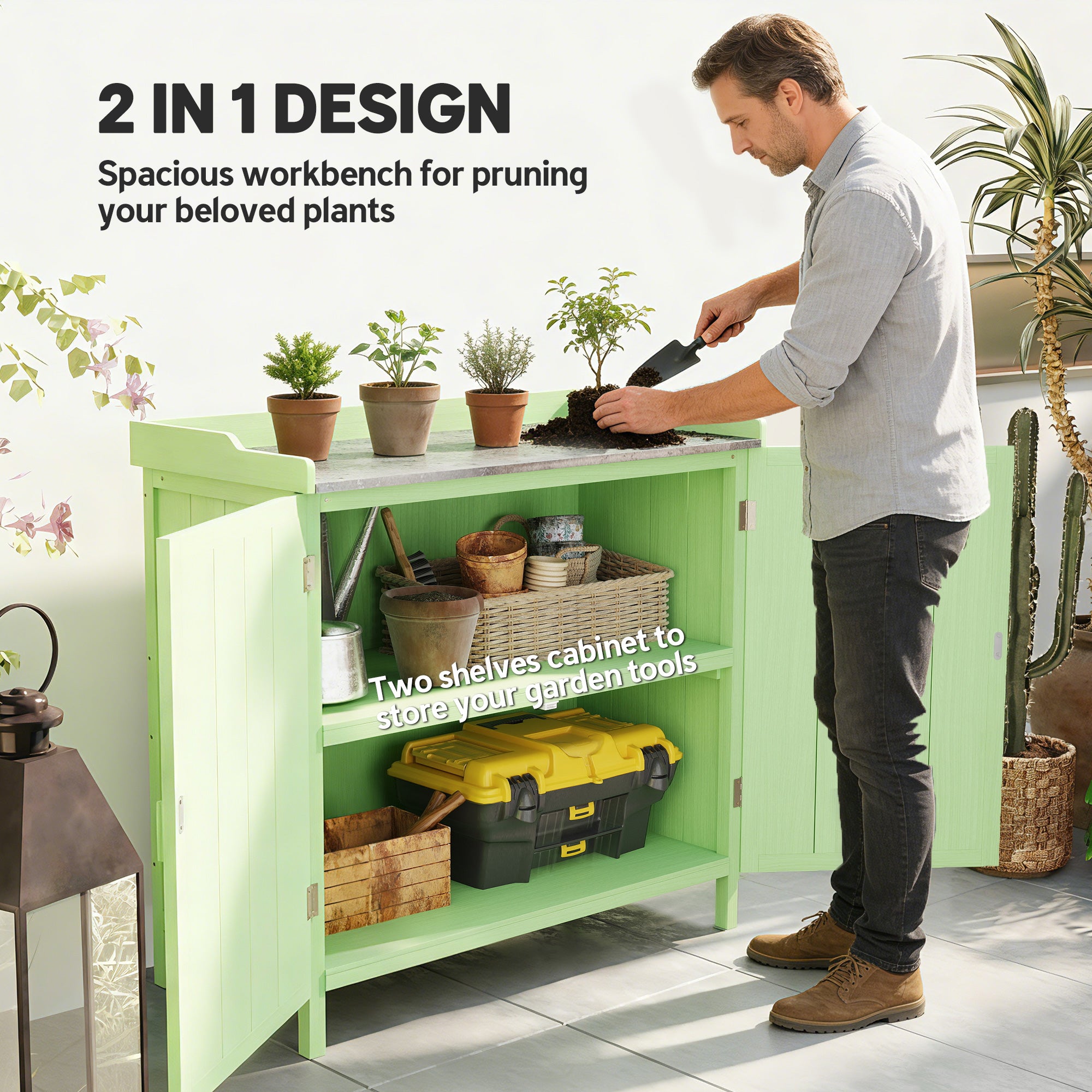 Outsunny Wood Garden Storage Cabinet, Outdoor Tool Shed, Potting Bench Table with galvanised Top and Two Shelves for garden Tools or Pool Accessories, Green 