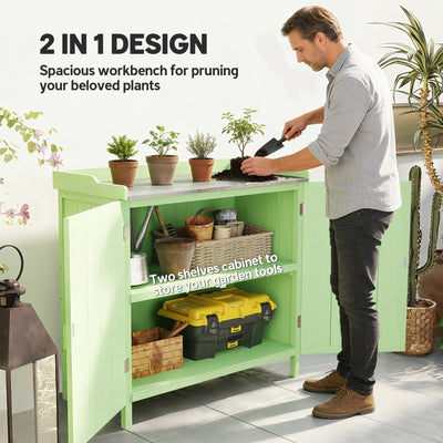 Outsunny Wood Garden Storage Cabinet, Outdoor Tool Shed, Potting Bench Table with galvanised Top and Two Shelves for garden Tools or Pool Accessories, Green 