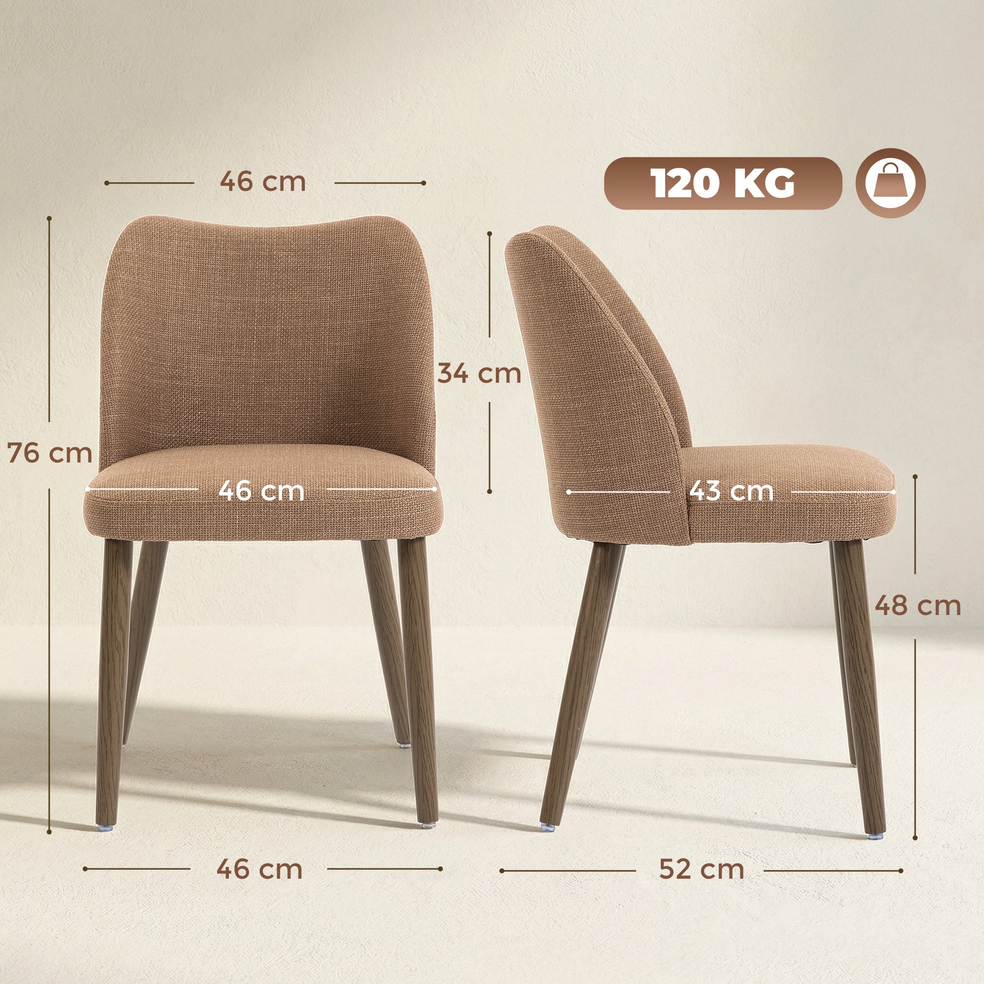 HOMCOM Dining Chairs Set of 2, Linen Upholstered Kitchen Chairs with Padded Seat, Curved Backrest, Rubberwood Legs, Brown 