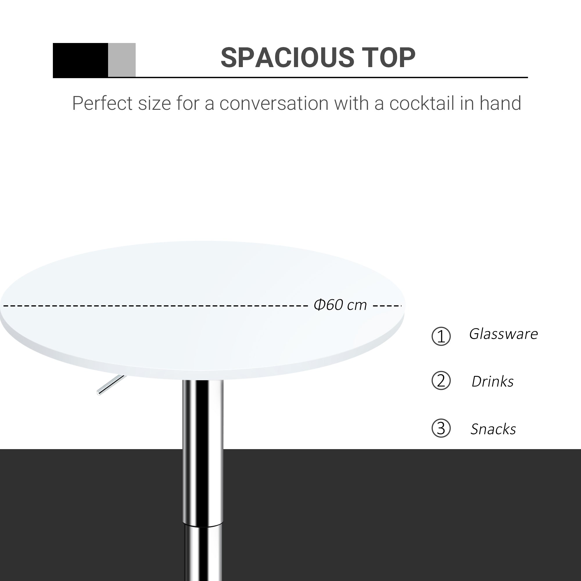 HOMCOM Bar Table Φ60cm Adjustable Height Round Bistro Table w/ Swivel Top Metal Frame Counter Surface Stylish Kitchen Conservatory White 