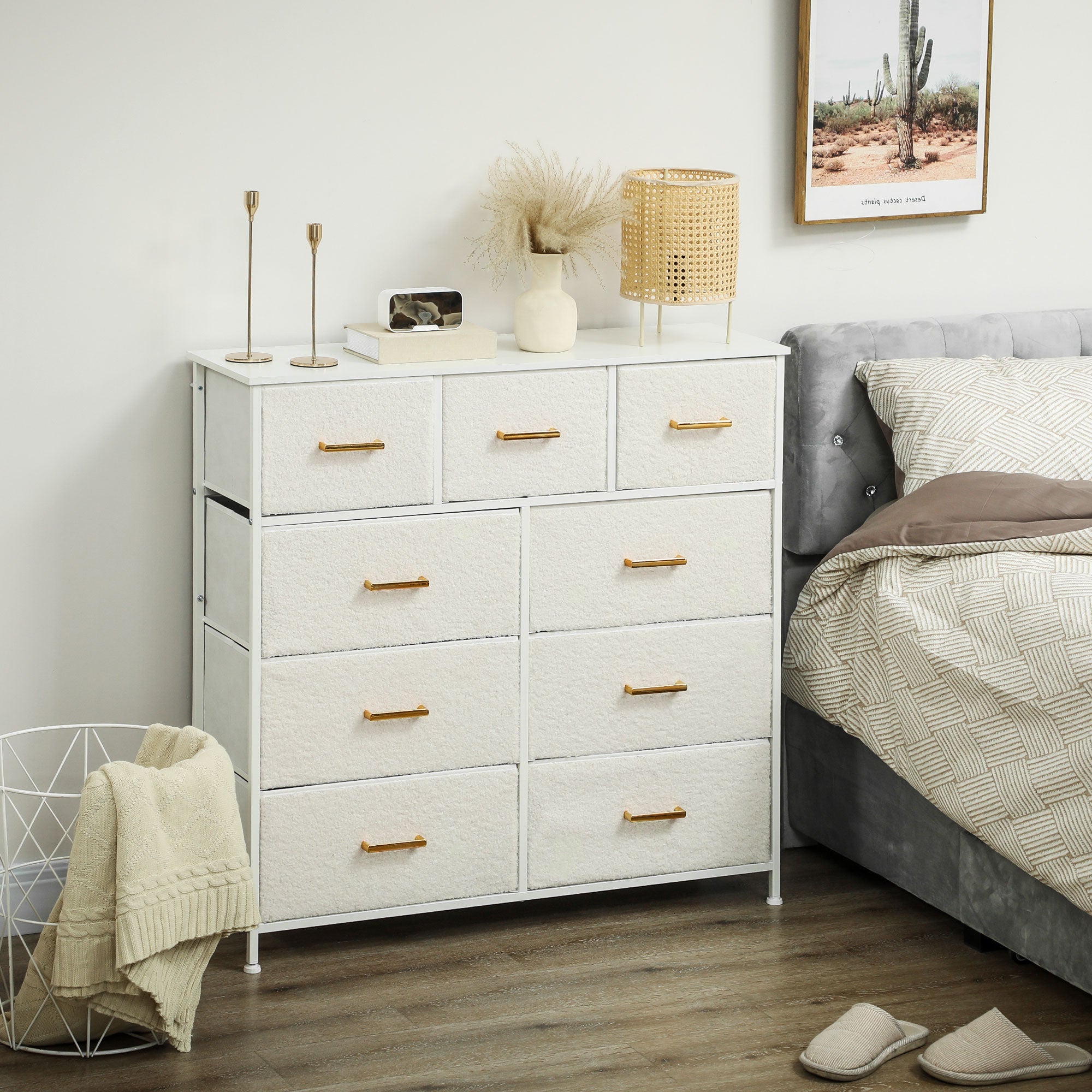 HOMCOM Chest of Drawers with 9 Fabric Drawers, Boucle Storage Organiser with Steel Frame, Fabric Dresser for Bedroom, Living Room, Hallway, Cream White 