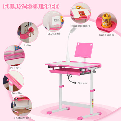 HOMCOM Kids Study Desk and Chair Set w/ Adjustable Height, Storage, Drawer, Pink 