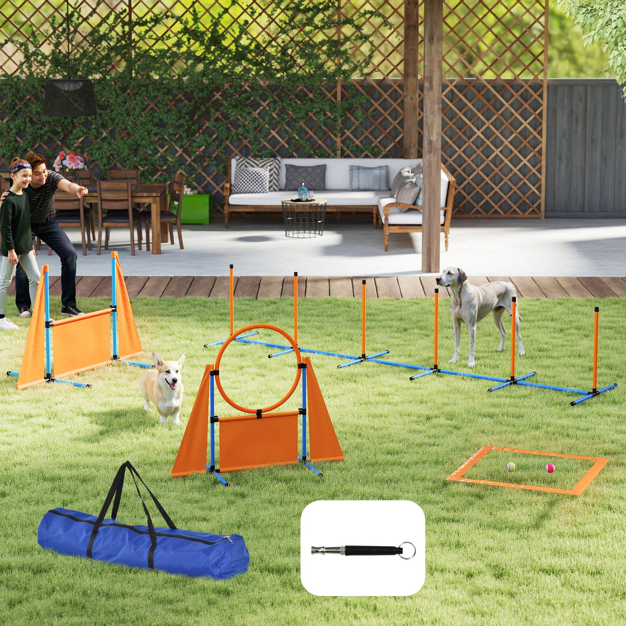 PawHut 6 Pieces Dog Agility Equipment Set with Weave Poles, Jump Ring and Hurdle, Pause Box and Carry Bag, Orange 