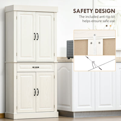 HOMCOM Kitchen Cupboard with 4 Doors, Freestanding Storage Cabinet with Wide Drawer and Shelves for Living Room, 180cm, White Wood Grain 
