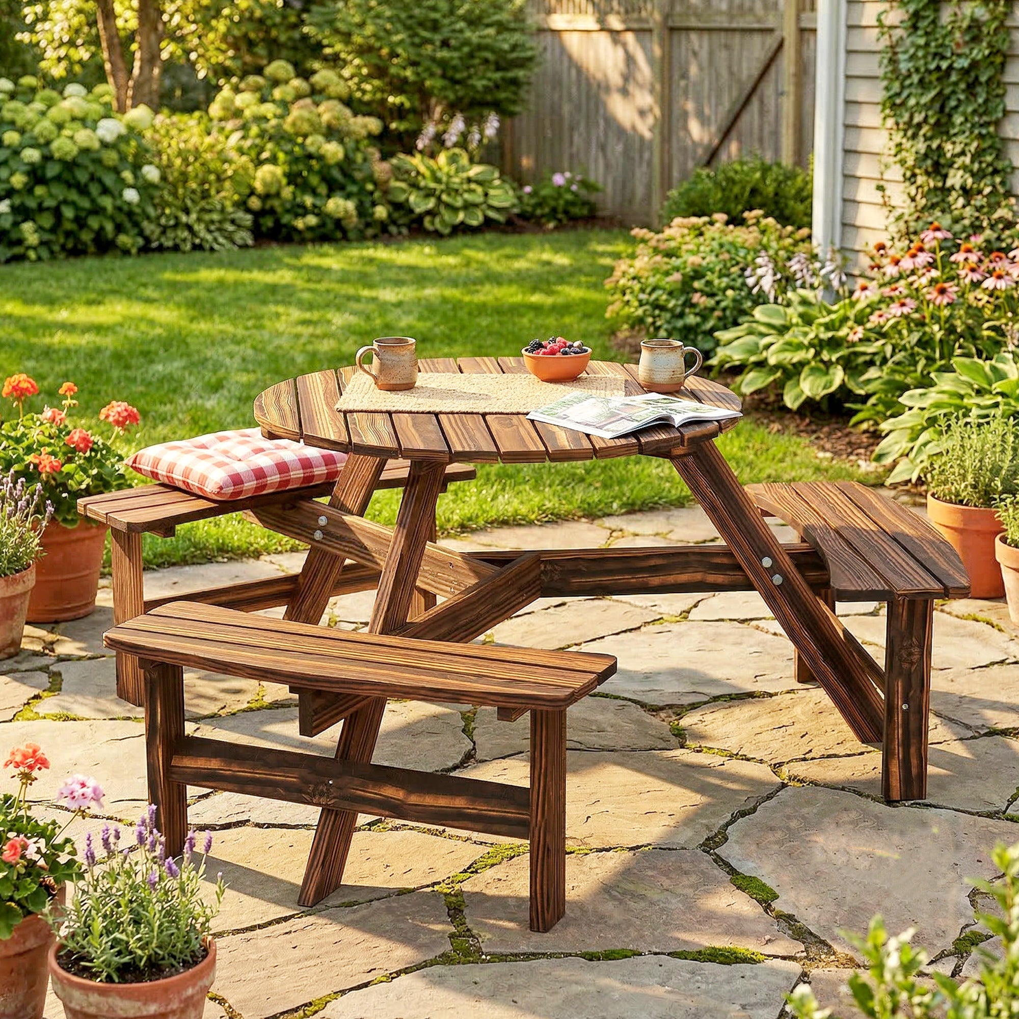 Outsunny Wooden Garden Dining Set, 6 Seater Round Dining Picnic Table with Matching Bench, Garden Furniture Set with Parasol Hole for Outdoor Patio Party and Family Gatherings, Carbonized 