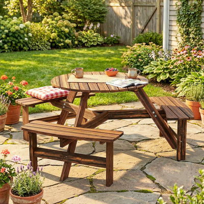 Outsunny Wooden Garden Dining Set, 6 Seater Round Dining Picnic Table with Matching Bench, Garden Furniture Set with Parasol Hole for Outdoor Patio Party and Family Gatherings, Carbonized 