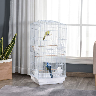 PawHut Large Metal Bird Cage with Perches, Food Bowls, Swing for Budgie, Parakeet, 46.5 x 35.5 x 92cm,White 