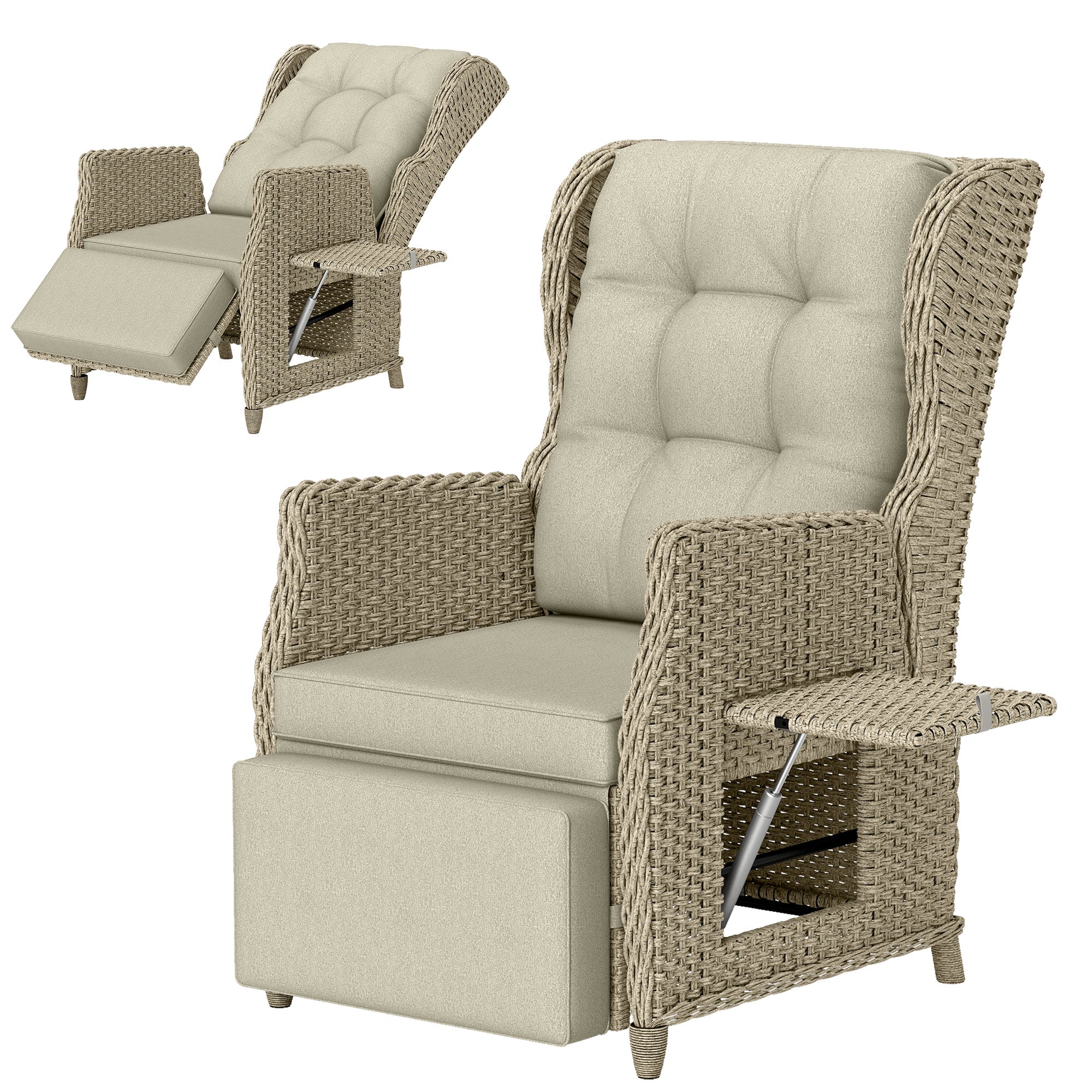 Outsunny Rattan Garden Recliner Chair, Reclining Garden Chair with Adjustable Back and Footrest, Flip Table, Cushion, Brown 