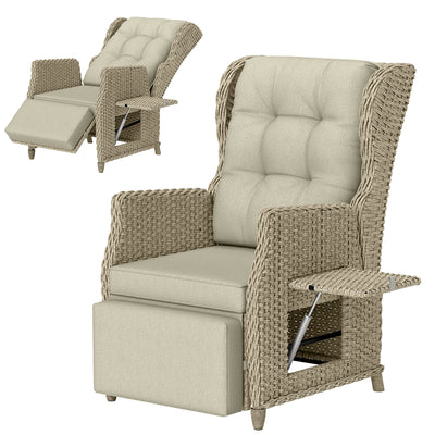 Outsunny Rattan Garden Recliner Chair, Reclining Garden Chair with Adjustable Back and Footrest, Flip Table, Cushion, Brown 