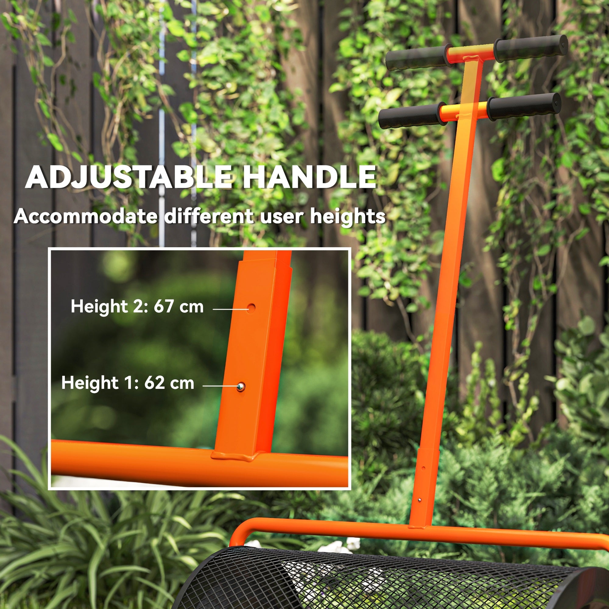 Outsunny Compost Spreader, 24" Peat Moss Spreader with Height Adjustable T Shaped Handle and Metal Mesh Basket, Garden Spreader for Seeding, Spreading Manure, Orange 