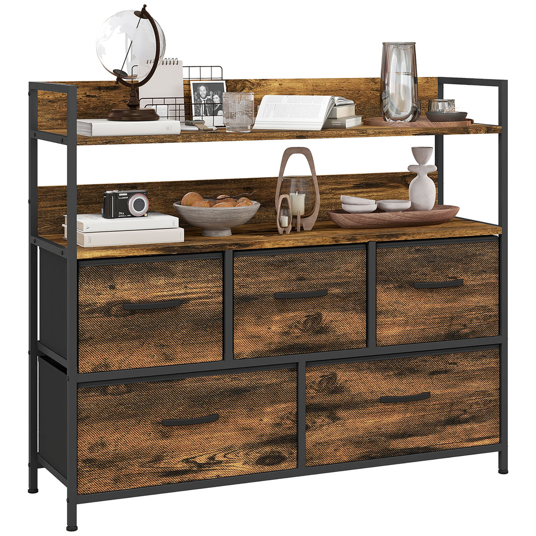 HOMCOM Rustic Chest of Five Fabric Drawers - Rustic Brown 