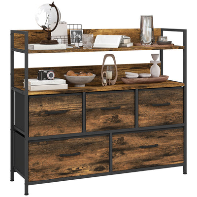 HOMCOM Rustic Chest of Five Fabric Drawers - Rustic Brown 