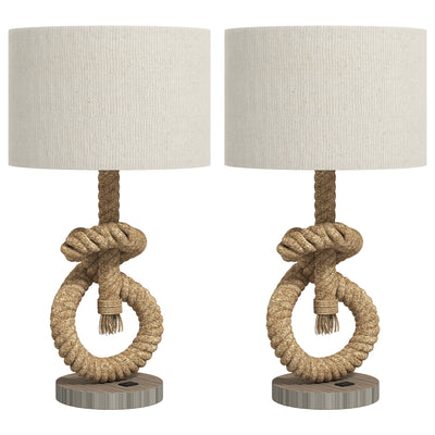HOMCOM Nautical Table Lamps Set of 2 with USB Charging Port, Bedside Lamps for Bedroom Living Room, Warm White LED Bulb Included, with Hemp Rope, Natural