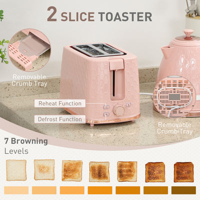 HOMCOM 1.7L 3000W Fast Boil Kettle & 2 Slice Toaster Set, Kettle and Toaster Set with Auto Shut Off, Browning Controls, Light Pink 