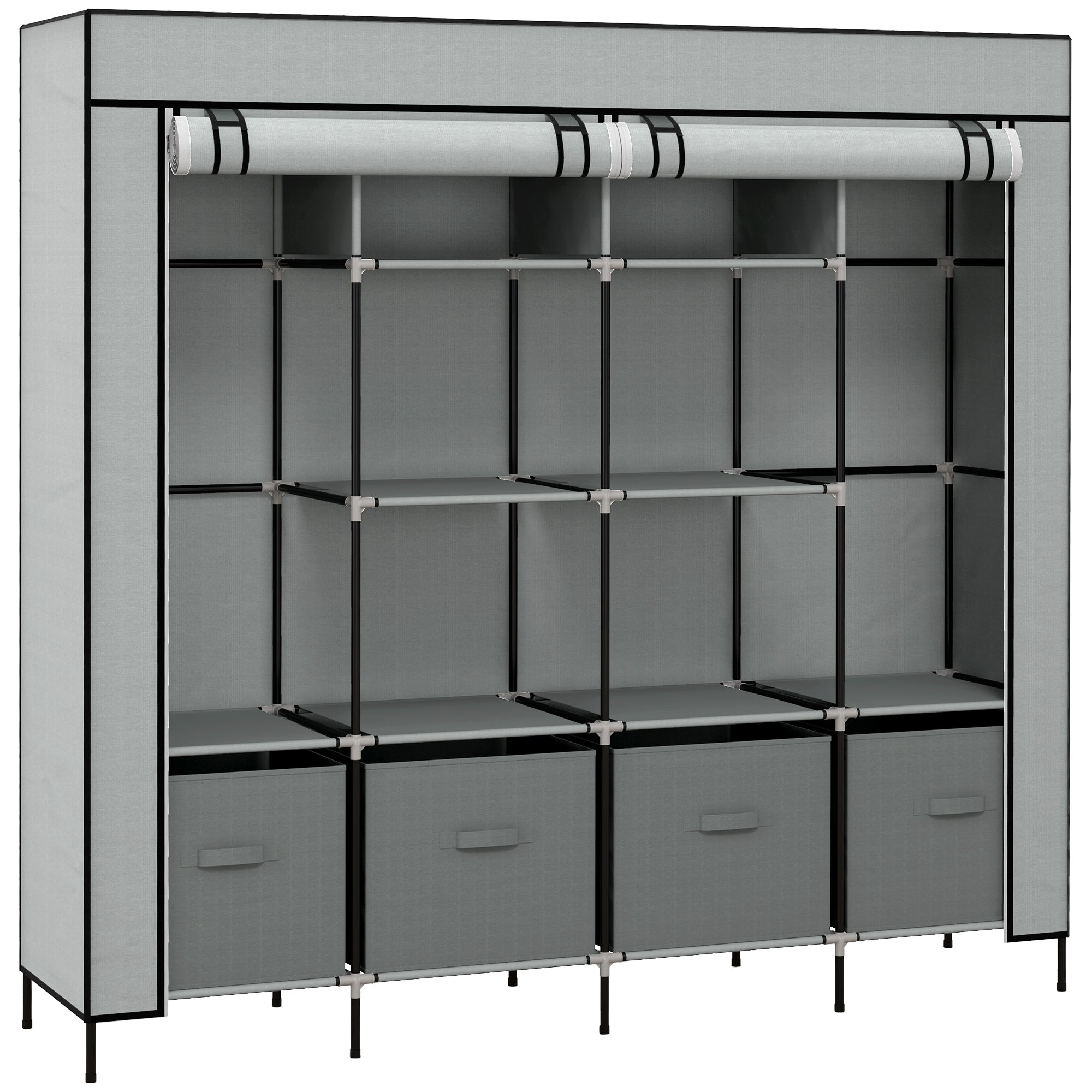 HOMCOM Fabric Wardrobe for Bedroom, Portable Cloth Wardrobe with 10 Compartments, 2 Hanging Rails and 4 Fabric Drawers, 166 x 42.5 x 169.5cm, Dark Grey 