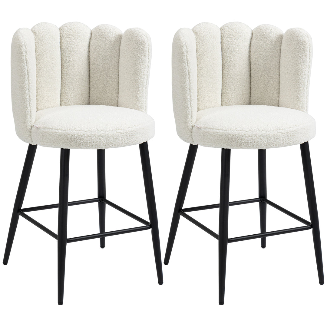 HOMCOM Bar Stools Set of 2, Faux Cashmere Upholstered Breakfast Bar Chairs, Modern Kitchen Stools with Backs, Footrest and Steel Base, Cream 