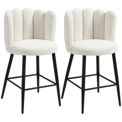 HOMCOM Bar Stools Set of 2, Faux Cashmere Upholstered Breakfast Bar Chairs, Modern Kitchen Stools with Backs, Footrest and Steel Base, Cream 