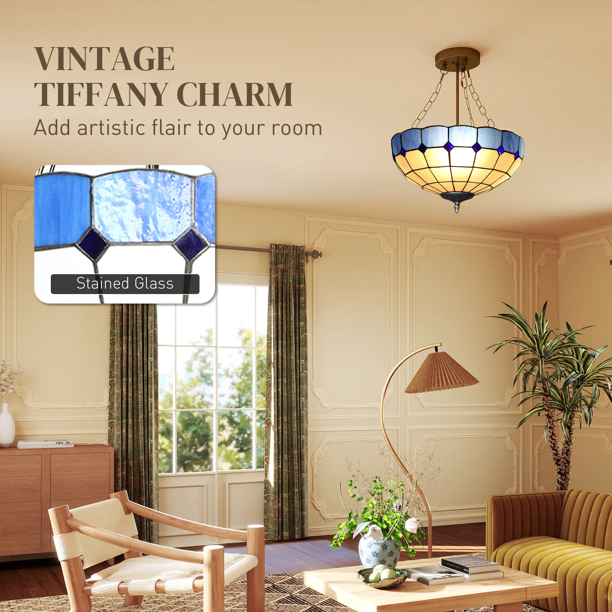 HOMCOM Tiffany Style Ceiling Light, Vintage Chandelier with 3 E27 Sockets, Semi Flush Mount for Living Room, Bulbs Not Included 