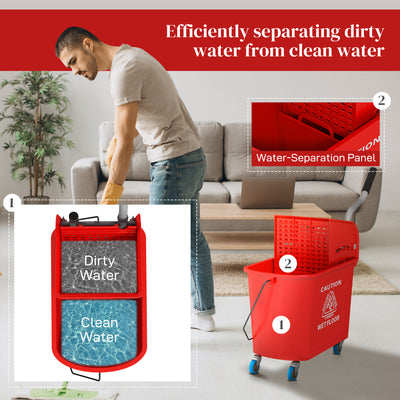 HOMCOM 20L Mop Bucket on Wheels, with Water Separation Panel - Red 