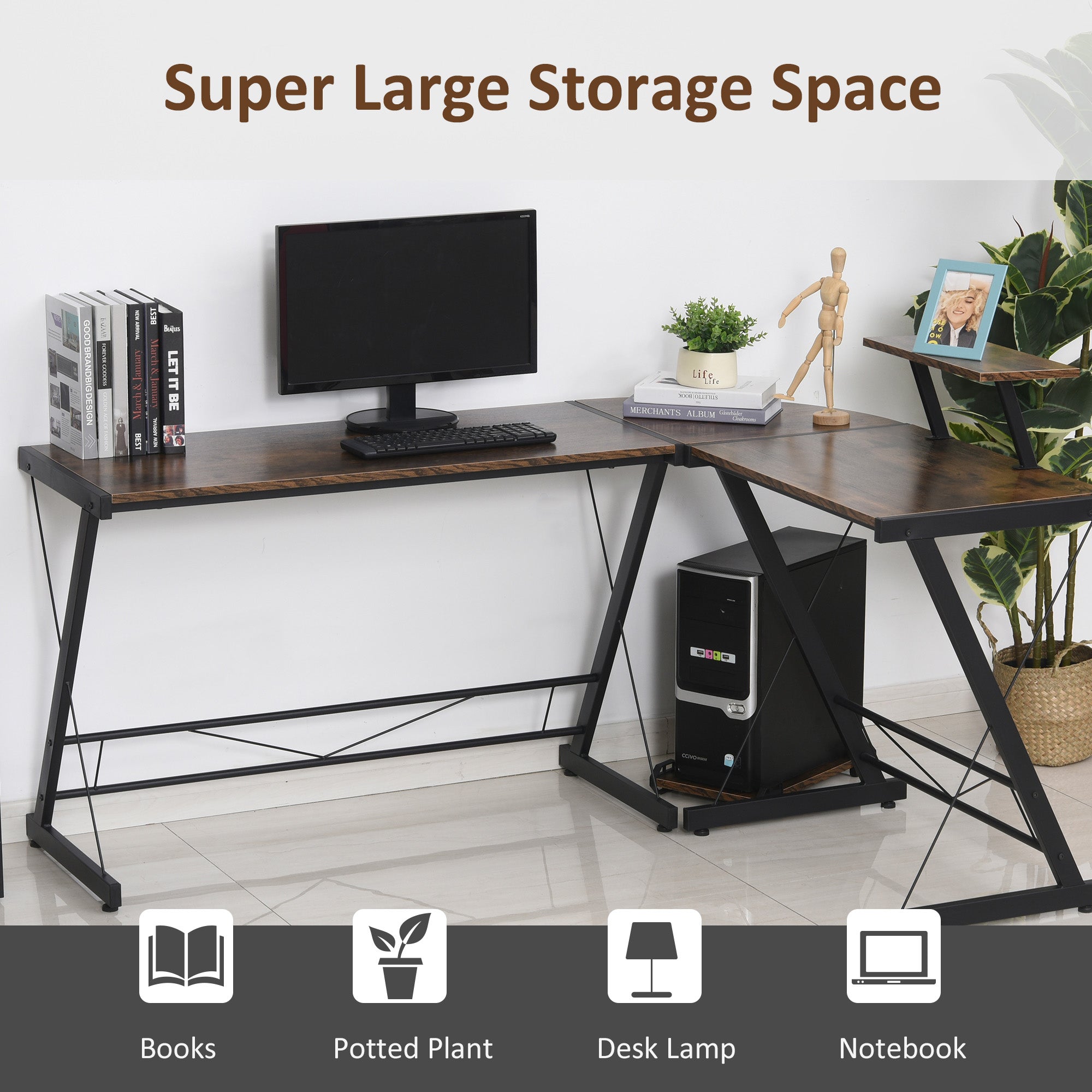 HOMCOM L Shaped Corner Desk, Gaming Desk, Computer Table with Monitor Stand and CPU Stand, Study Workstation for Home Office, 155 x 115 x 91.5cm, Rustic Brown and Black 
