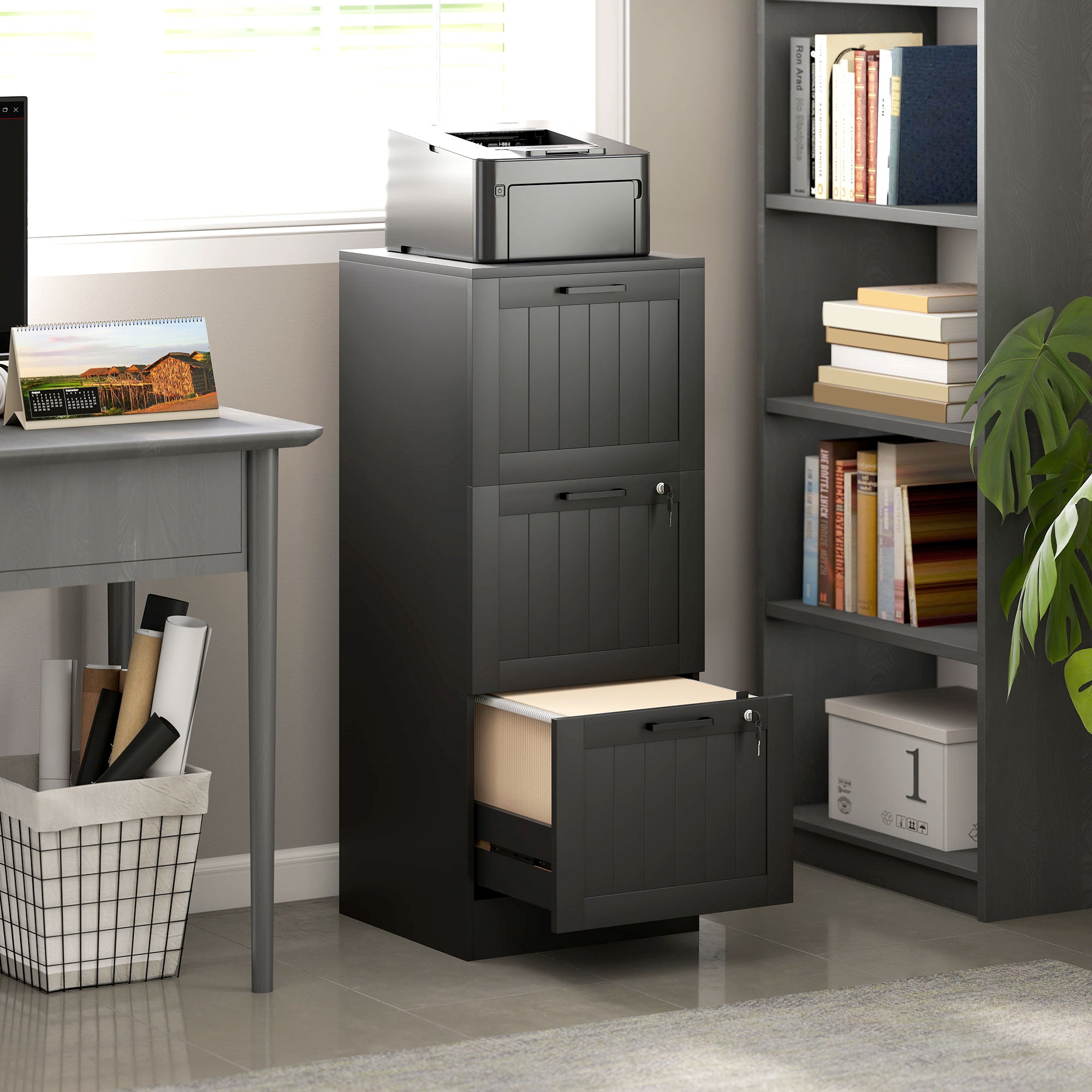 HOMCOM 3 Drawer Filing Cabinet with Lock, Office Storage Cabinet with Adjustable Hanging Bars for A4 Letter Size Files, Black 