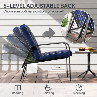 Outsunny 3-Piece Patio Bistro Set, 5-Position Adjustable Recliner Garden Chairs and Tempered Glass Table, Garden Furniture Set with Cushions, High Back, Armrests, Metal Frame for Balcony Patio, Blue 