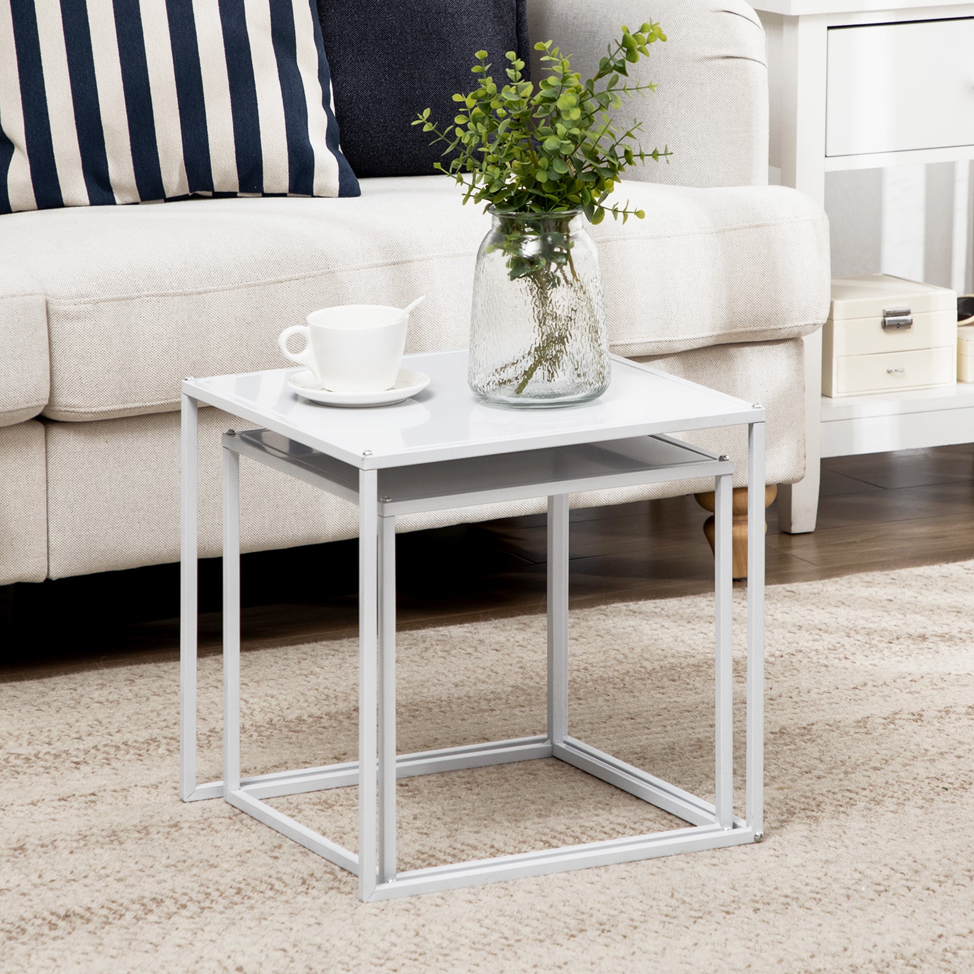 HOMCOM Square Nesting Coffee Table Set of 2, Modern Nest of Tables, Sofa Side Tables with Steel Frame for Living Room, Bedroom, Small Space, White