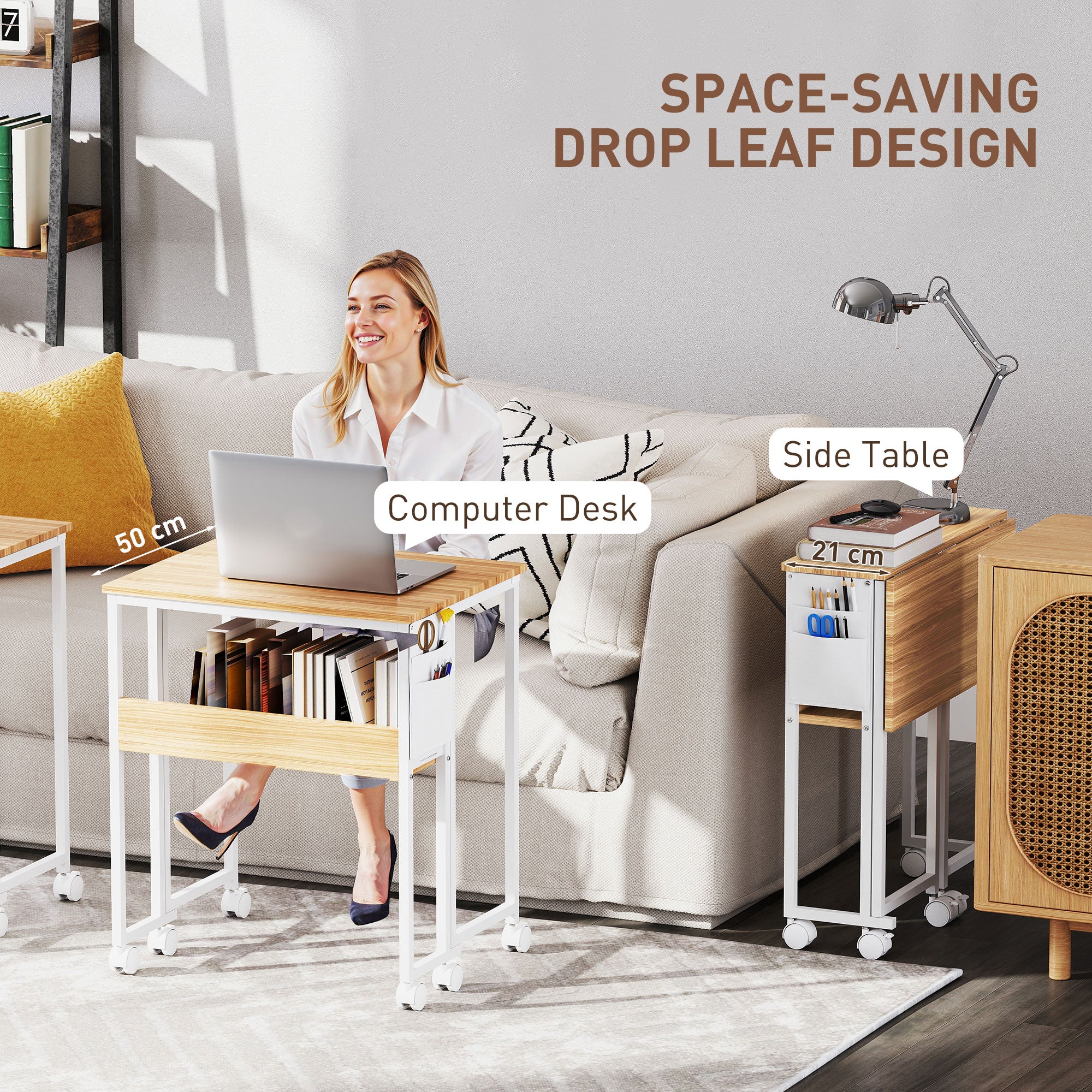 HOMCOM 63 cm Drop Leaf Writing Work Desk - Natural Wood Finish