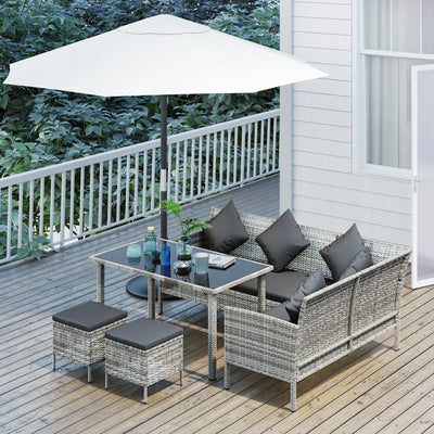 Outsunny tsunny 6-Seater Rattan Dining Set Sofa Table Footstool Outdoor w/ Cushion Garden Furniture, Dark Grey 