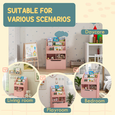 HOMCOM Kids Bookshelf, Toy Organiser, with Storage Drawer, Wheels - Pink 