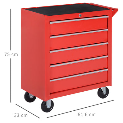 DURHAND 5-Drawer Lockable Tool Storage Cabinet with Wheels, Handle, 2 Keys, Steel Home Work DIY Workshop Chest, Garage Equipment Trolley, Red 