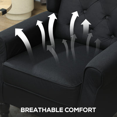HOMCOM Retro Accent Chair, Linen Wingback Armchair with Wood Frame Button Tufted Design for Living Room Bedroom, Black 