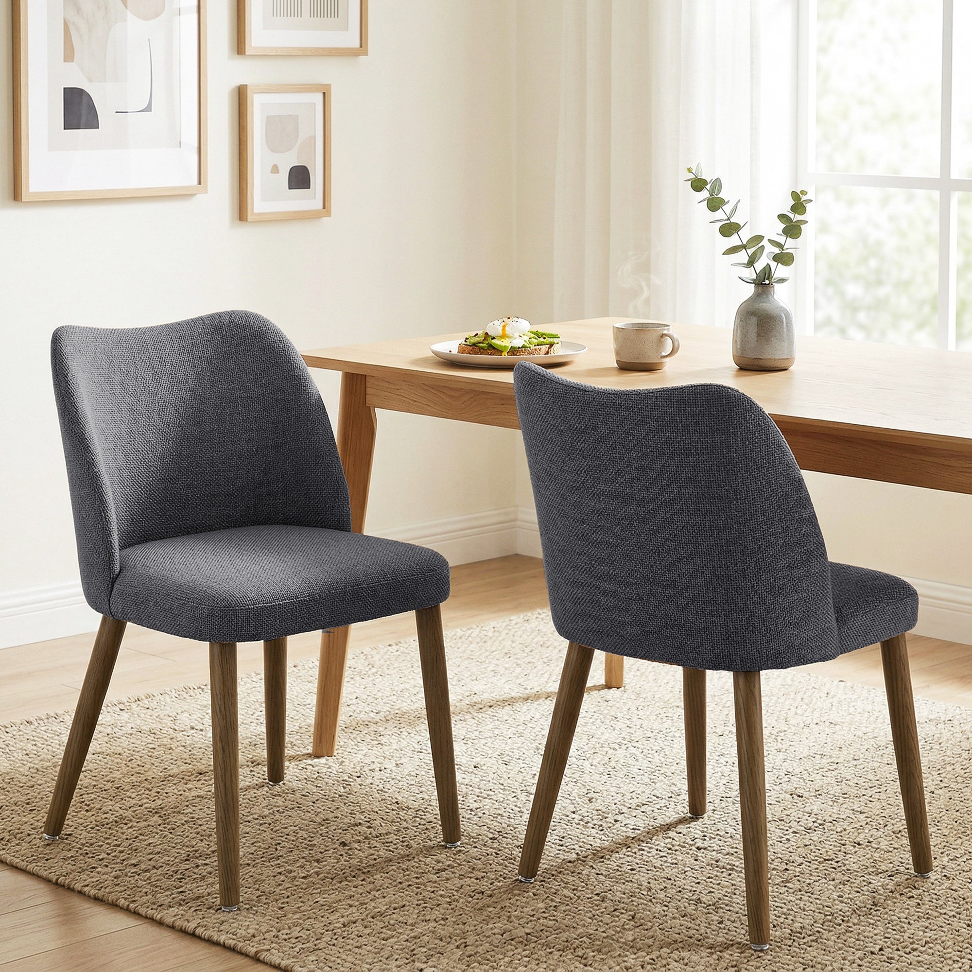 HOMCOM Dining Chairs Set of 2, Linen Upholstered Kitchen Chairs with Padded Seat, Curved Backrest, Rubberwood Legs, Dark Grey 