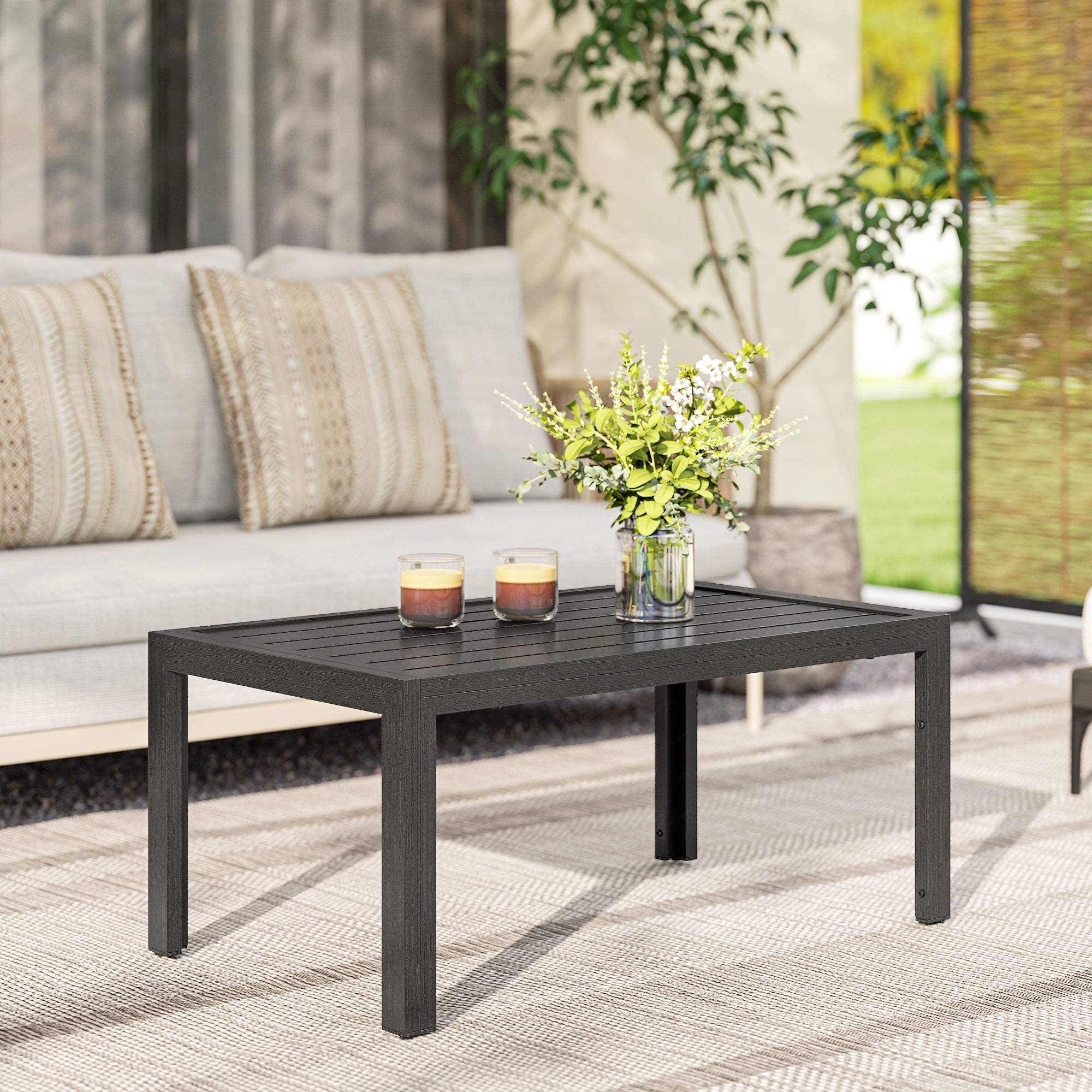 Outsunny Outdoor Side Table, Rectangular Patio Coffee Side Table with Steel Frame and Slat Tabletop for Garden, Balcony, Grey 