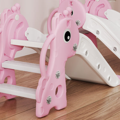 AIYAPLAY 3 in 1 Kids Slide with Climber, Basketball Hoop and Ball, Giraffe Shape Climber Slide for Indoor Kids Age 1-3, Pink 
