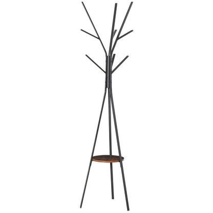 HOMCOM Freestanding Metal Coat Rack Stand 9 Hooks Clothes Tree with 1 Shelf Hat Display Hall Tree Hanger Bag Umbrella Hanging Organiser Brown 