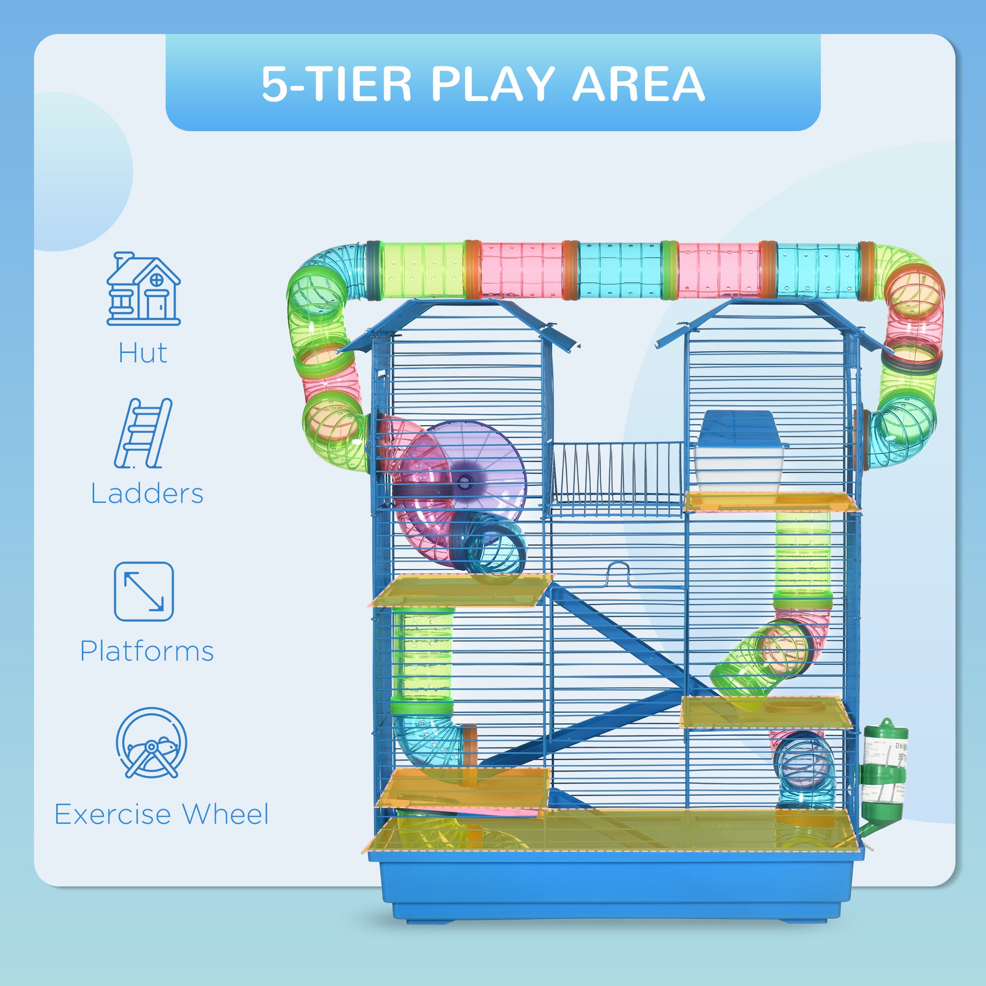 PawHut 5 Tier Hamster Cage Carrier Habitat with Exercise Wheels Tunnel Tube Water Bottle Dishes House Ladder for Dwarf Mice, Blue 