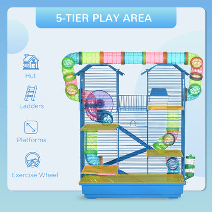PawHut 5 Tier Hamster Cage Carrier Habitat with Exercise Wheels Tunnel Tube Water Bottle Dishes House Ladder for Dwarf Mice, Blue 