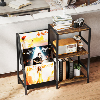 HOMCOM 3-Tier Record Player Stand, End Table for Living Room, Bedroom - Rustic Brown