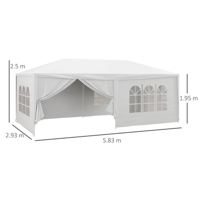 Outsunny 6 x 3 m Party Tent Wedding Gazebo Outdoor Waterproof PE Canopy Shade with 6 Removable Side Walls 